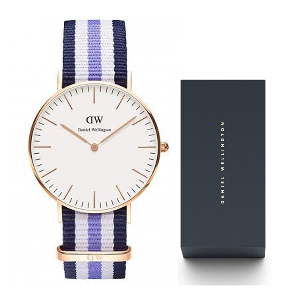 加贈 帆布錶帶+鋼化膜+DW手環【海外代購】DW Daniel Wellington 簡約時尚風格 -白面+金殼/ 36mm/尼龍/經典款/藍粉 0509DW/ DW00100037