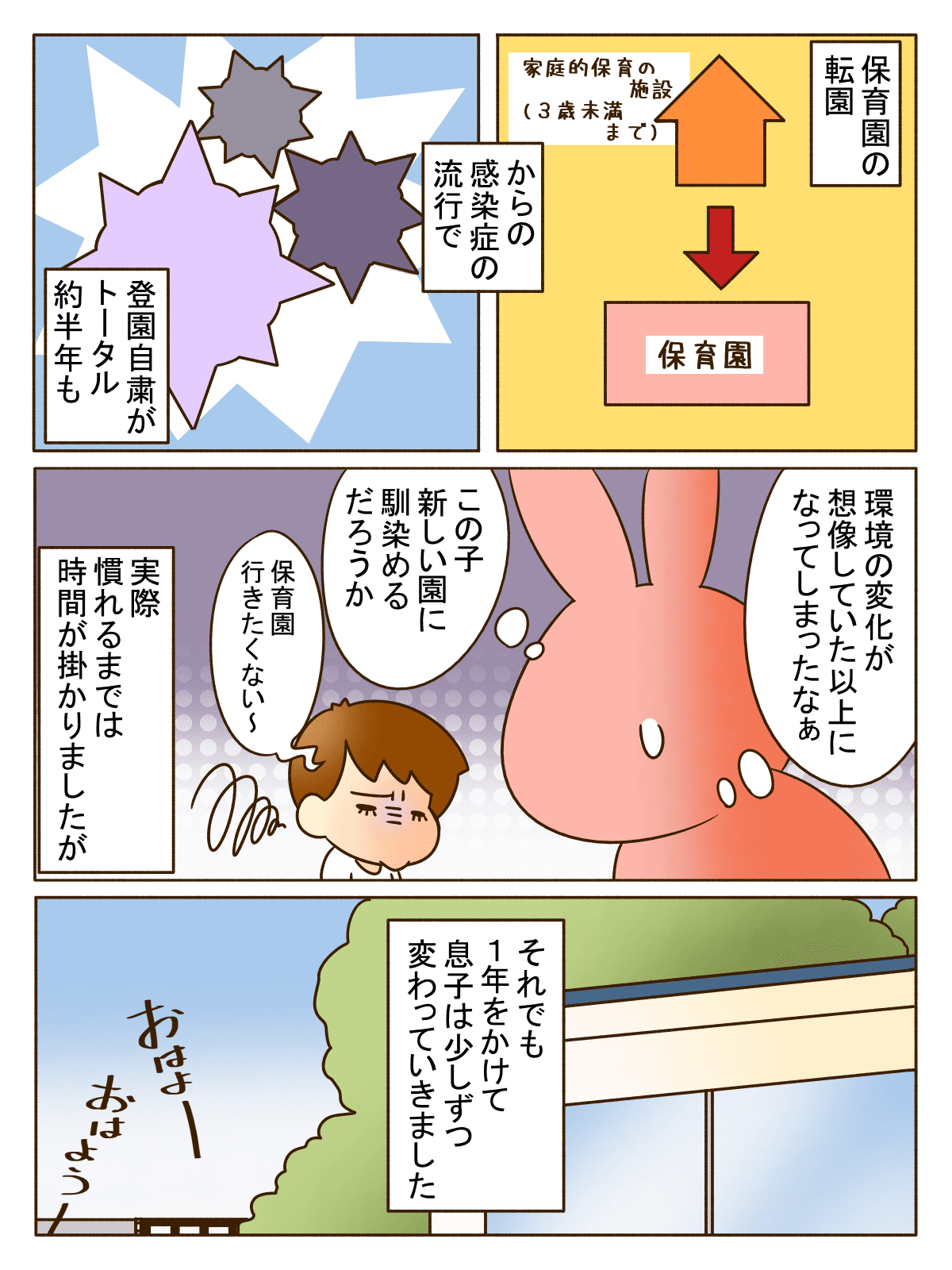 まんが 登園で泣かない 友達ができた 転園してから一年 息子の成長を感じてしみじみ