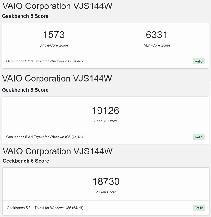 利用 Geekbench 5 進行測試，在單核心獲得 1,573 分，多核心獲得 6,331 分。此外，在 OpenCL 測試獲得的分數為 19,126 分，在 Vulkan 獲得 18,730 分。