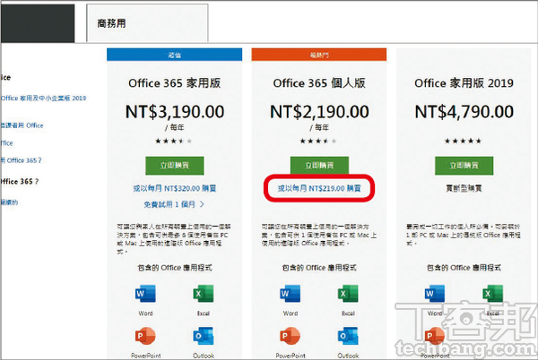 3.如果要購買月費版本的Office 365個人版，請到官方的購買網頁上，並點選下方的藍色小字。