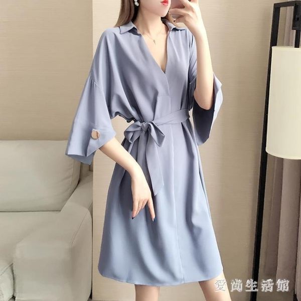 加肥加大碼女裝2019夏季新款200斤胖mm寬鬆遮肚子洋氣襯衫連身裙