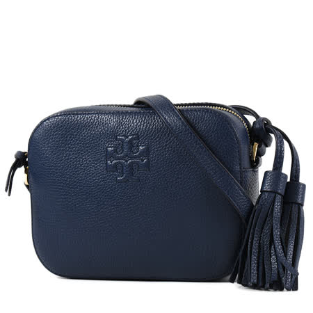 TORY BURCH 荔枝紋流蘇掛飾斜背相機包-海軍藍