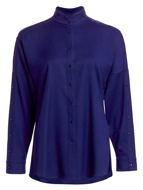 Snap buttons run down the sleeves and back of this collared blouse, adding an element of intrigue. K