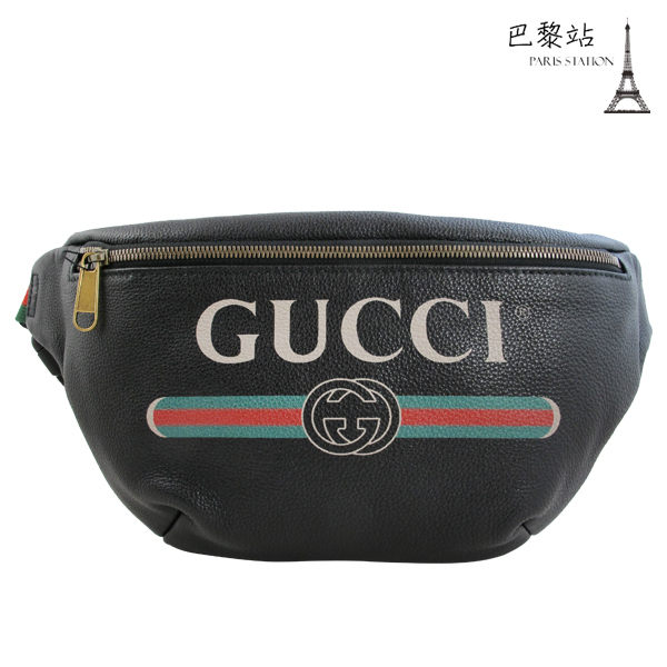 【巴黎站二手名牌專賣店】＊現貨＊GUCCI 古馳 真品＊Print 黑色品牌標誌印刷圖騰綠紅織帶腰包