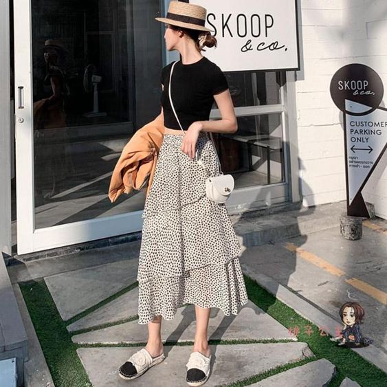 2020春秋碎花蛋糕高腰半身裙女a字中長款春夏顯瘦雪紡不規則長裙