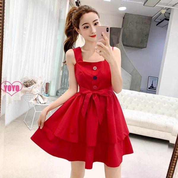 小禮服 洋裝 吊帶 連身裙 紐扣 裝飾 收腰 蝴蝶結 小禮服
