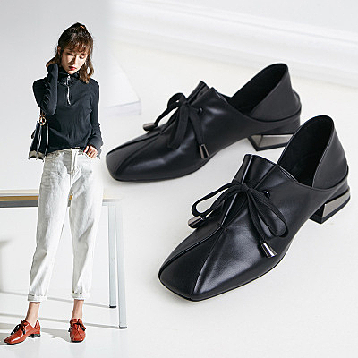 真皮鞋 中跟鞋 方頭鞋 粗跟 繫帶 深口鞋