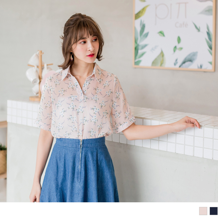 滿版花朵印花半開襟透膚襯衫