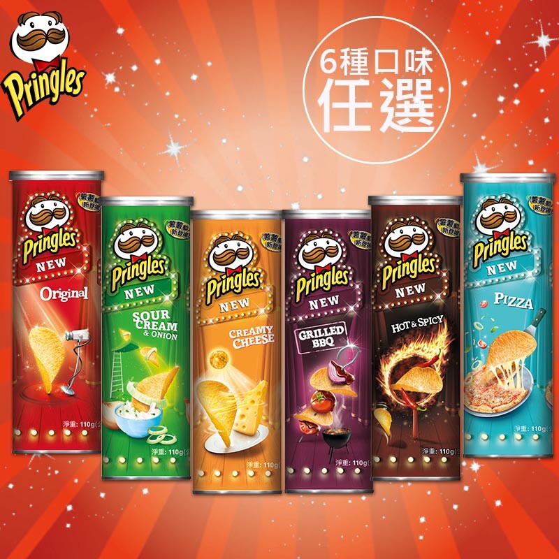 以下口味可任選6瓶出貨，任選請務必備註口味及數量謝謝 【商品特色】 1986年開始，Pringles「品客」洋芋片以熟悉的「翹鬍子洋芋片」形象在台灣露面，廣受消費者及年輕人的喜愛 ★全新升級的品客除了