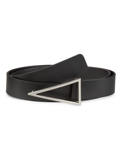 Smooth leather belt with a triangular polished silvertone buckle.; Silvertone hardware; Leather; Mad