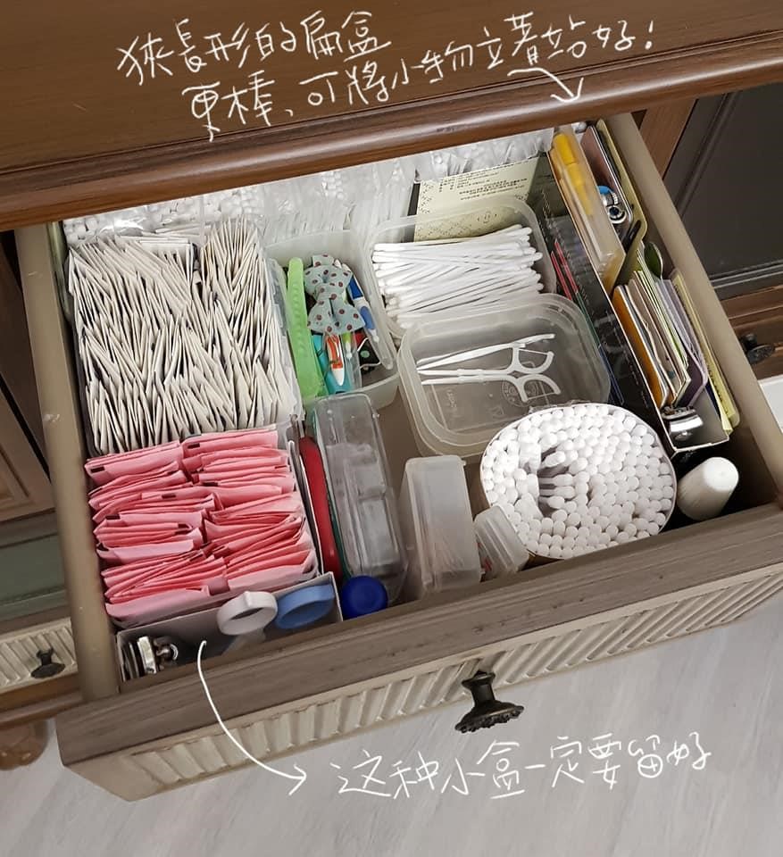 網友李國蘭在網路上分享她用牙線盒、牙膏盒收納的做法