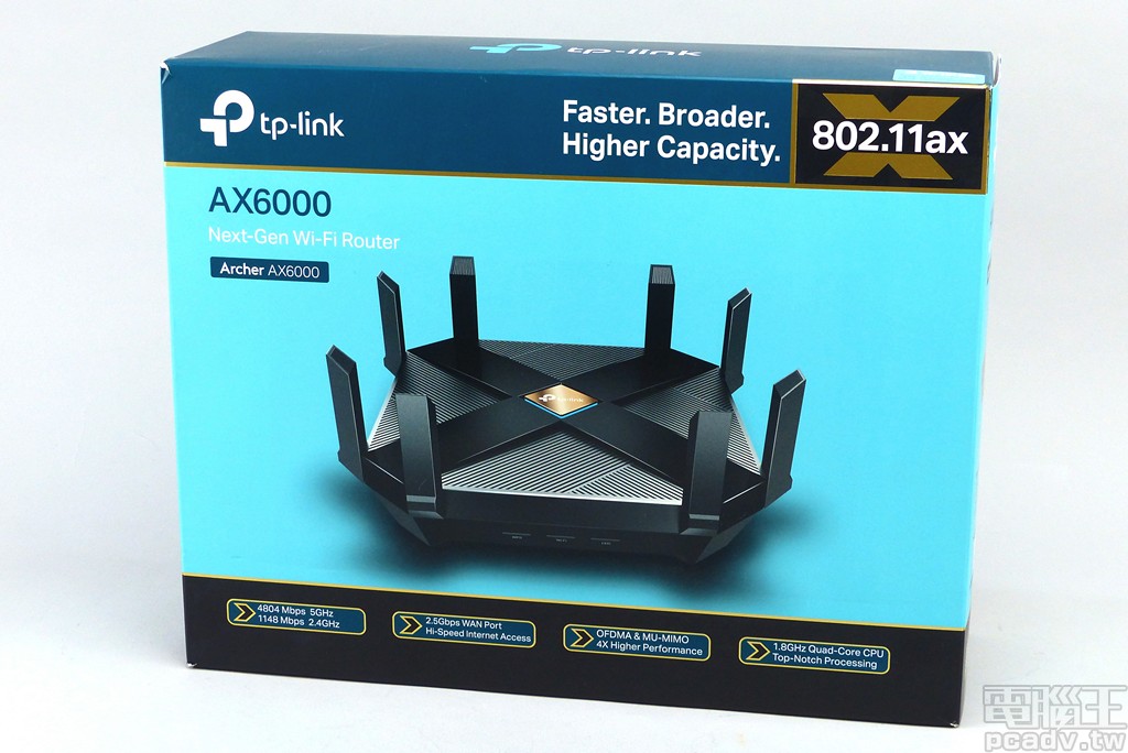 ▲ TP-Link 以 Archer AX6000 作為自家首款支援 Wi-Fi 6/802.11ax 規格的無線網路路由器，2.4GHz 和 5GHz 均支援 4 空間流規格。