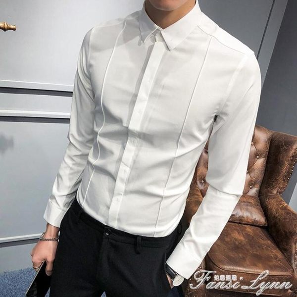 商務男裝伴郎襯衫白色長袖襯衣男潮流青年免燙彈力修身寸衫發型師 范思蓮恩