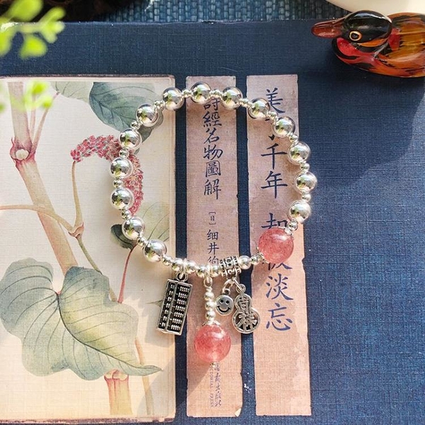 手鍊 純銀天然草莓晶水晶女算盤銀珠吉祥葫蘆笑臉