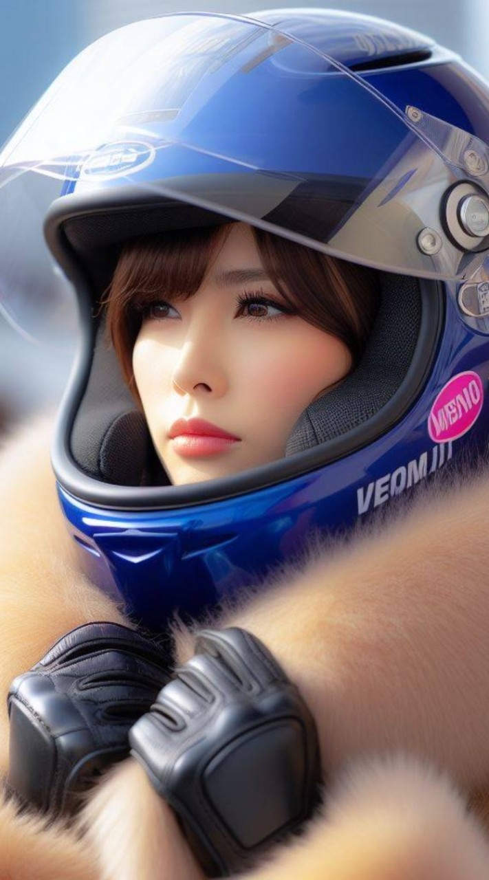 女性ファーコート、フルフェイスヘルメット姿フェチ