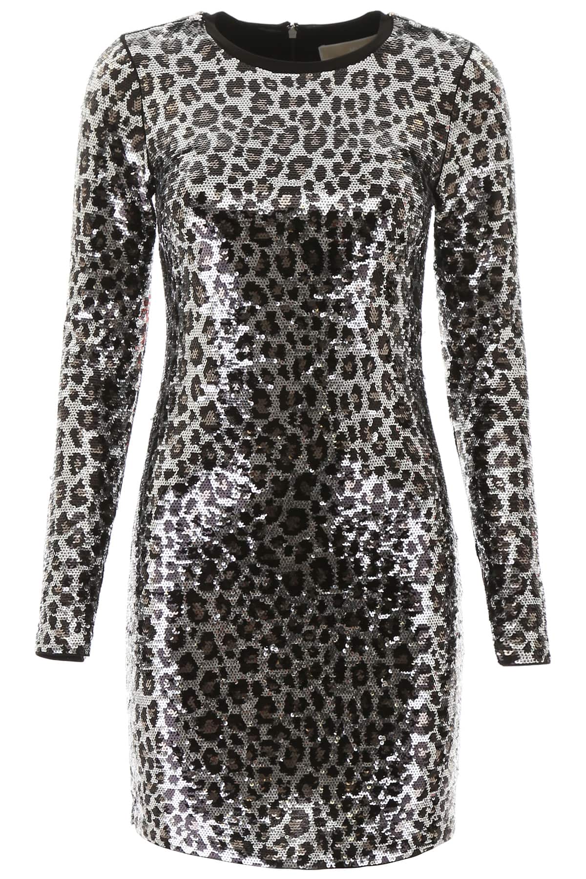 Michael Michael Kors sequined mini dress with animalier pattern. It features a crew neck, concealed 