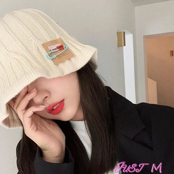 漁夫帽毛線針織帽子女秋冬季米白色日系大頭圍顯臉小適合圓臉漁夫盆帽潮 JUST M