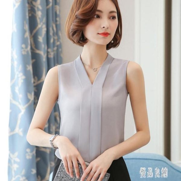 無袖雪紡衫 V字領無袖上衣女2019新款春夏西裝領打底衫雪紡內搭衣 DJ10699【優品良鋪】