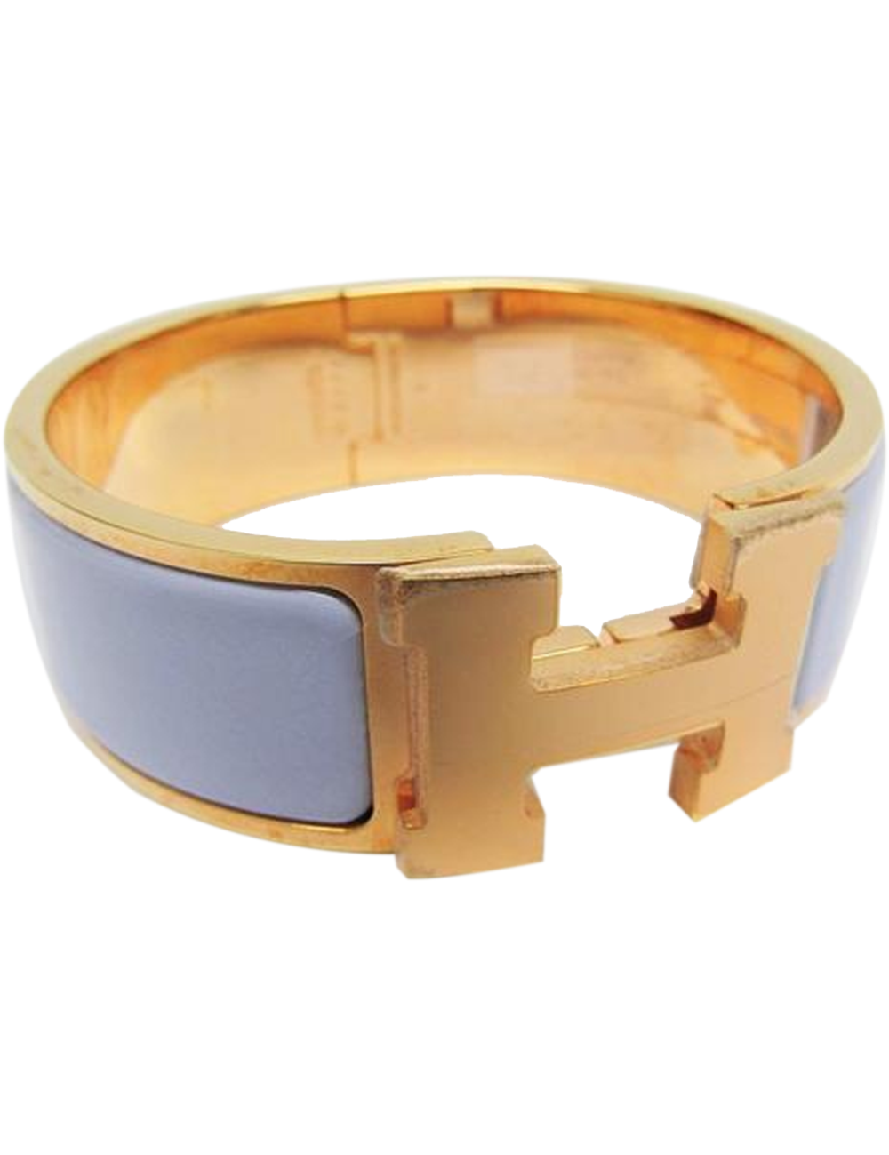 很好 這是愛馬仕（Hermes）的時尚手鍊，既經典又現代。它是一條拋光的金質錶帶，一側具有鉸鏈，並在突出側打開了可旋轉的愛馬仕