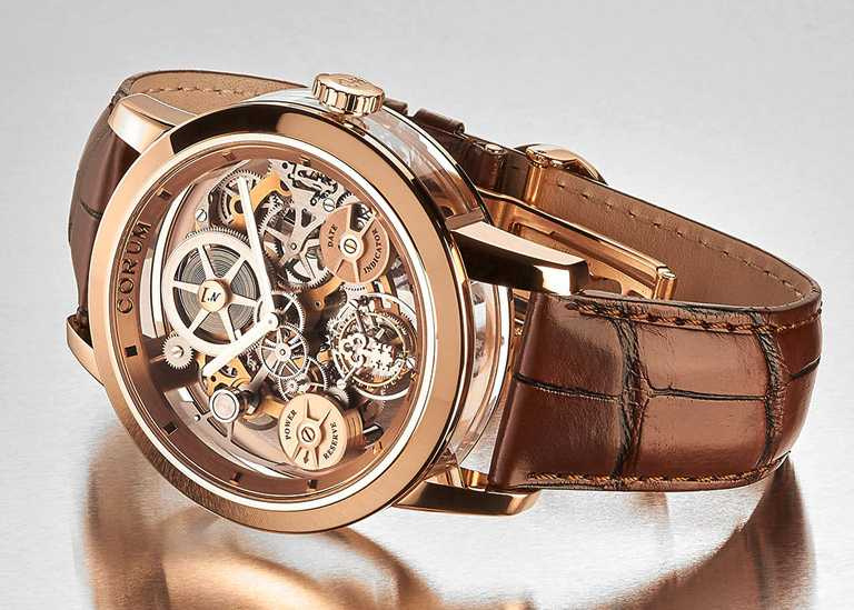 CORUM「LAB 02系列」飛行陀飛輪限量腕錶，5級18K玫瑰金錶殼，45mm，限量10只╱6,360,000元。（圖╱CORUM提供）