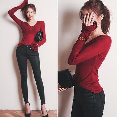 韓國 韓系 韓范美顏性感酒紅V領修身長袖打底衫秋冬女t恤H503B.2168.1號公館