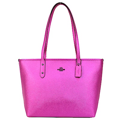 COACH 馬車 LOGO 素面珠光防刮皮革托特包(櫻桃粉)