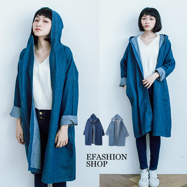 中大尺碼 連帽長版牛仔外套-eFashion 預【K17187900】