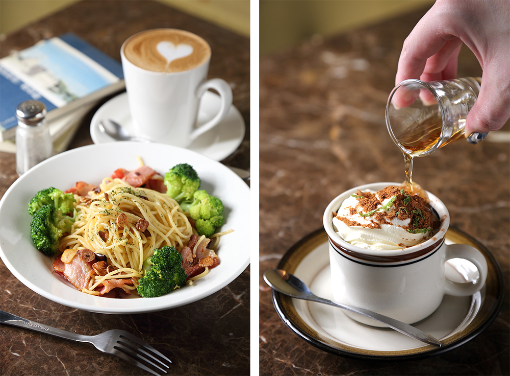 （左）蒜片培根辣椒麵是許多老主顧念念不忘的主廚招牌料理。（右）咖啡師推薦的肉桂暖暖咖啡，充滿了老派靈魂的味道。(攝影/Carter)