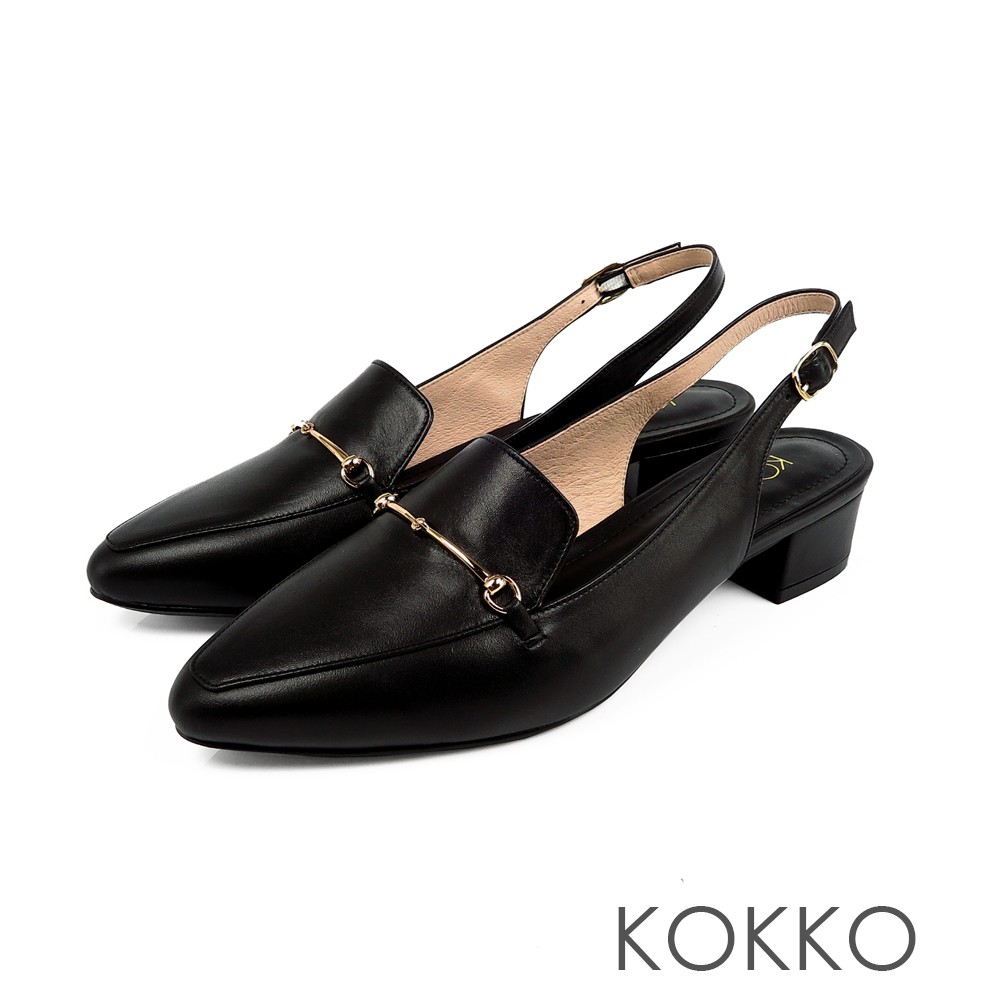 KOKKO - 迷濛眼神真皮後拉帶尖頭粗跟鞋-精緻黑