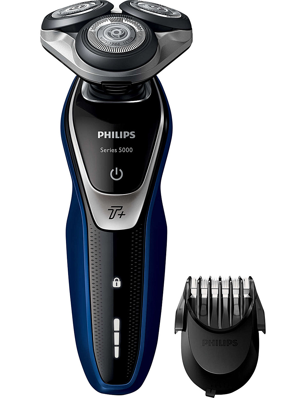 该剃须刀系列以5000为转速，多精度刀片系统和完全可清洗的头部。