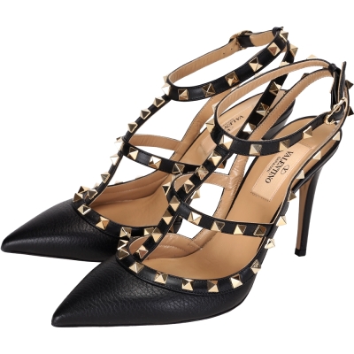 VALENTINO ROCKSTUD 小牛皮壓紋鉚釘繫帶高跟鞋(黑色)