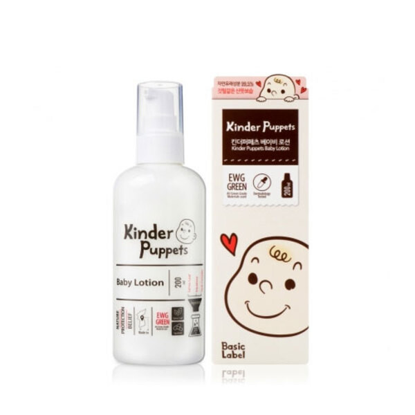 品牌：Kinder Puppets 產地：韓國 容量：嬰兒潤膚乳液200ml 用途：滋潤、保溼；初生嬰兒（0個月）以上皆適用 使用方法：取適量，輕輕按摩至吸收。臉部與全身皆可使用 全成分：純水、甘油、