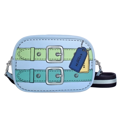 COAC水藍皮帶吊牌漫畫風塗鴉全皮中款斜背相機包