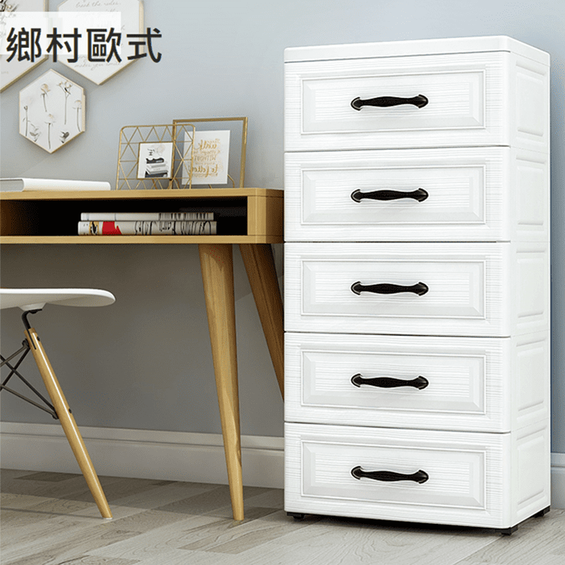 可拆式五層抽屜收納櫃，優質材料，經久耐用，安全封邊，承重力強，不易傾倒，收納東西更加安心，防脫落式抽屜，抽取不滑落，簡單方便，滾輪設計，搬運不費力，輕鬆移到你想要的位置!