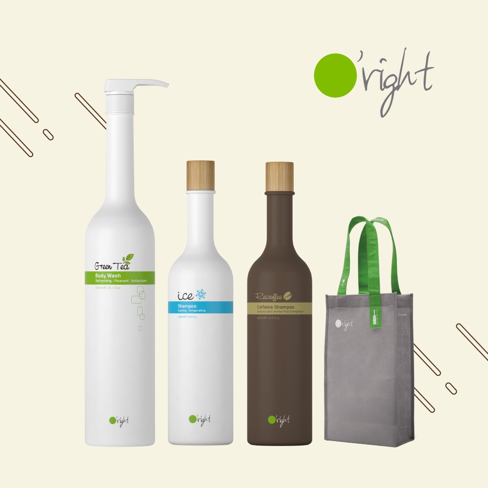 O'right 歐萊德 咖啡因洗髮精400ml + 零度C洗髮精400ml+ 綠茶沐浴乳1000ml【超值分享組】