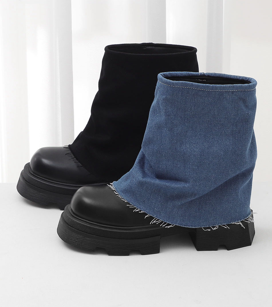 ITSHU Outsole Denim Leg Warmer Full Heel Middle Boots 11581 靴子