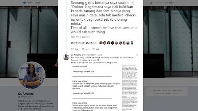 Wanita diminta buktikan masih perawan. (Twitter/@DrAmalinaBakri)