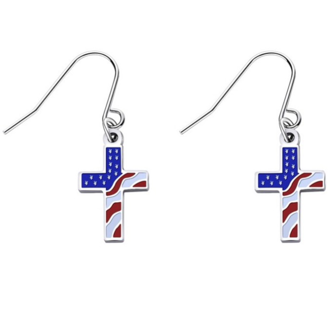 歐美外貿飾品 男女美國國旗十字 鈦鋼耳環 嘻哈銀耳環