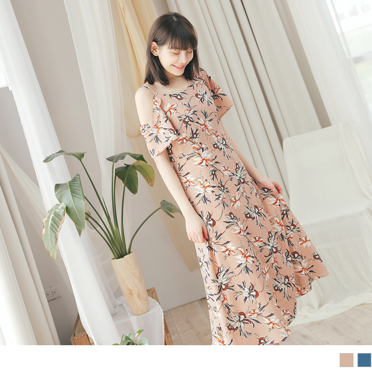 滿版印花露單肩修身雪紡洋裝