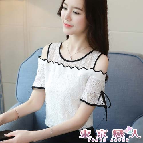 蕾絲上衣 韓版短袖露肩喇叭袖緹花蕾絲上衣★東京戀人MS.Q★6818