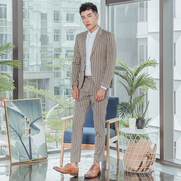 男 西裝特惠/設計款/成套西裝 L AME CHIC 英倫雅痞 春夏拼色條紋西裝兩件套組-咖啡【LC0145-2】