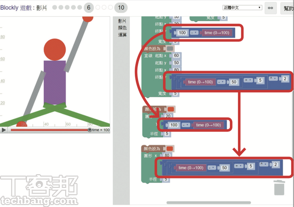 8.第6關需要替人物加上手掌，並讓它跟著手臂一起運動，這裡有個取巧的方式，只需畫出圓形，並在Y座標上複製手臂的運算式嵌入即可。