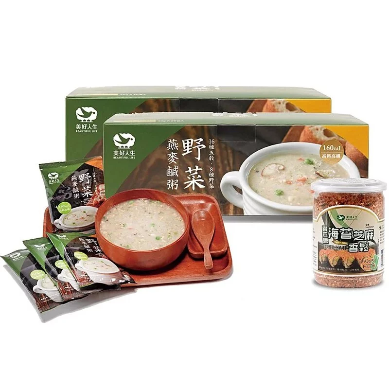【美好人生】阿嬤的鹹點心組(野菜燕麥鹹粥2盒+鑽石鹽海苔芝麻香鬆1罐)