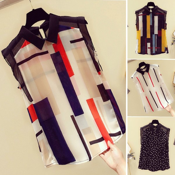 M-2XL韓版幾何圖形遮肚顯瘦雪紡上衣撞色襯衫(5色)-優美依戀