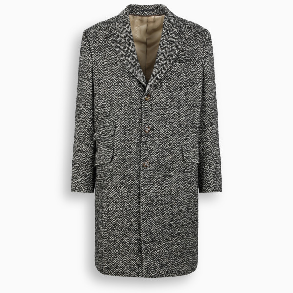Coat by Gucci in black and white herringbone brushed wool blend, front single-breasted buttoned fast