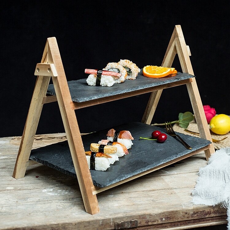 甜品架 日式 折疊式木質蛋糕架黑色石板壽司盤子餐廳雙層原木水果甜品架【年終尾牙 交換禮物】