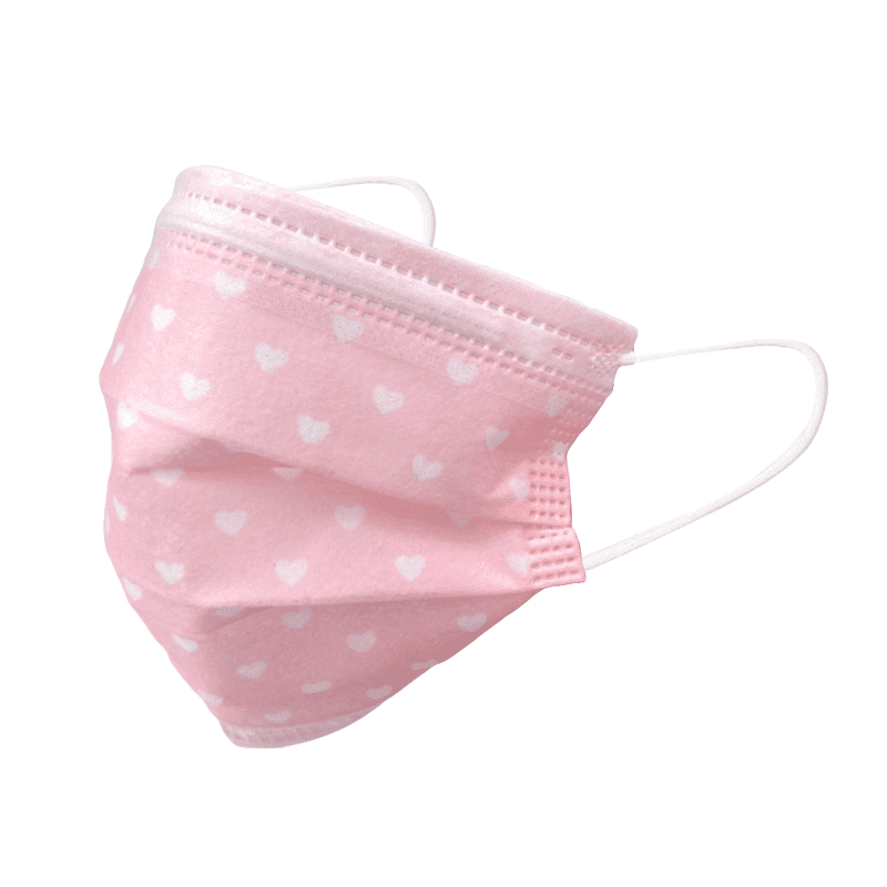一次性防護粉系印花口罩，三層過濾，高效防護。隱藏式可調鼻夾，密合度更佳，萬全防護。柔韌高彈性耳掛，不勒耳更舒適。有粉色愛心、花草可可、粉色蝴蝶結可以選擇喔~