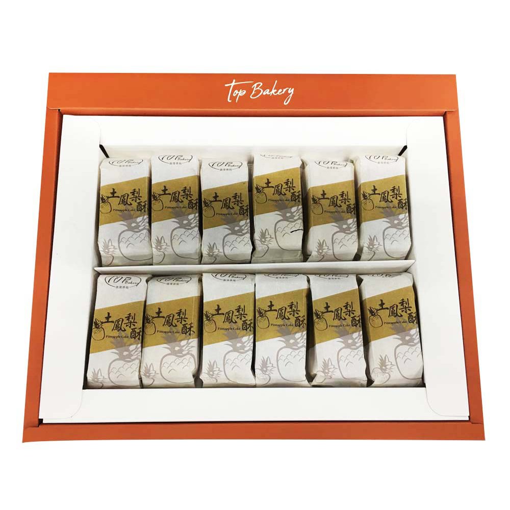 品名：土鳳梨酥12入100%台灣所產鳳梨，自製麥芽糖熬煮成內餡，外皮以進口奶油及奶粉揉成，全程不加防腐劑。香濃酸甜的滋味，還吃的到絲絲相連的鳳梨纖維~重量：55公克±4.5公克/顆 產地：台灣保存期限