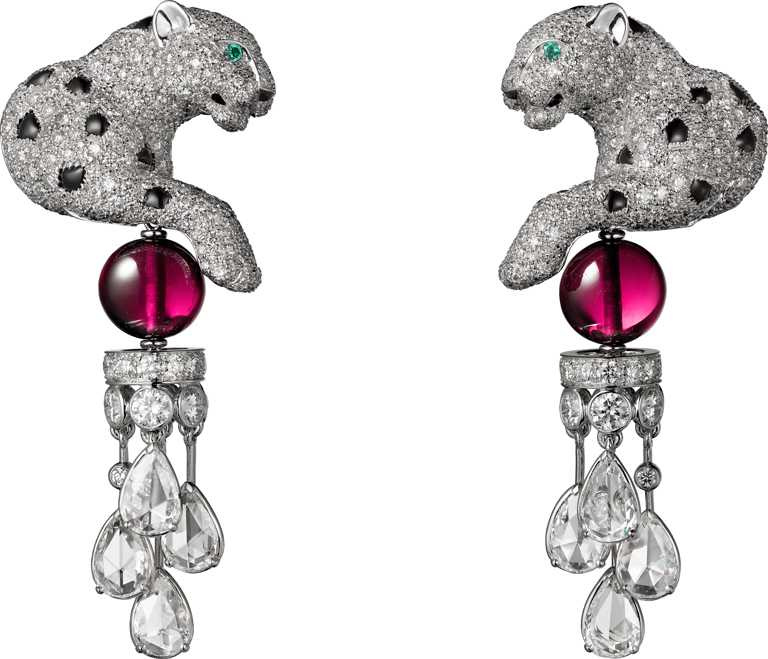 Cartier「Panthère de Cartier」系列頂級珠寶紅碧璽耳環╱鉑金、紅碧璽、縞瑪瑙、祖母綠、鑽石╱12,700,000元。（圖╱Cartier提供）
