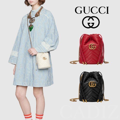 義大利正品 GUCCI GG Marmont mini bucket 典雅黑白紅迷你真皮鏈條水桶包575163